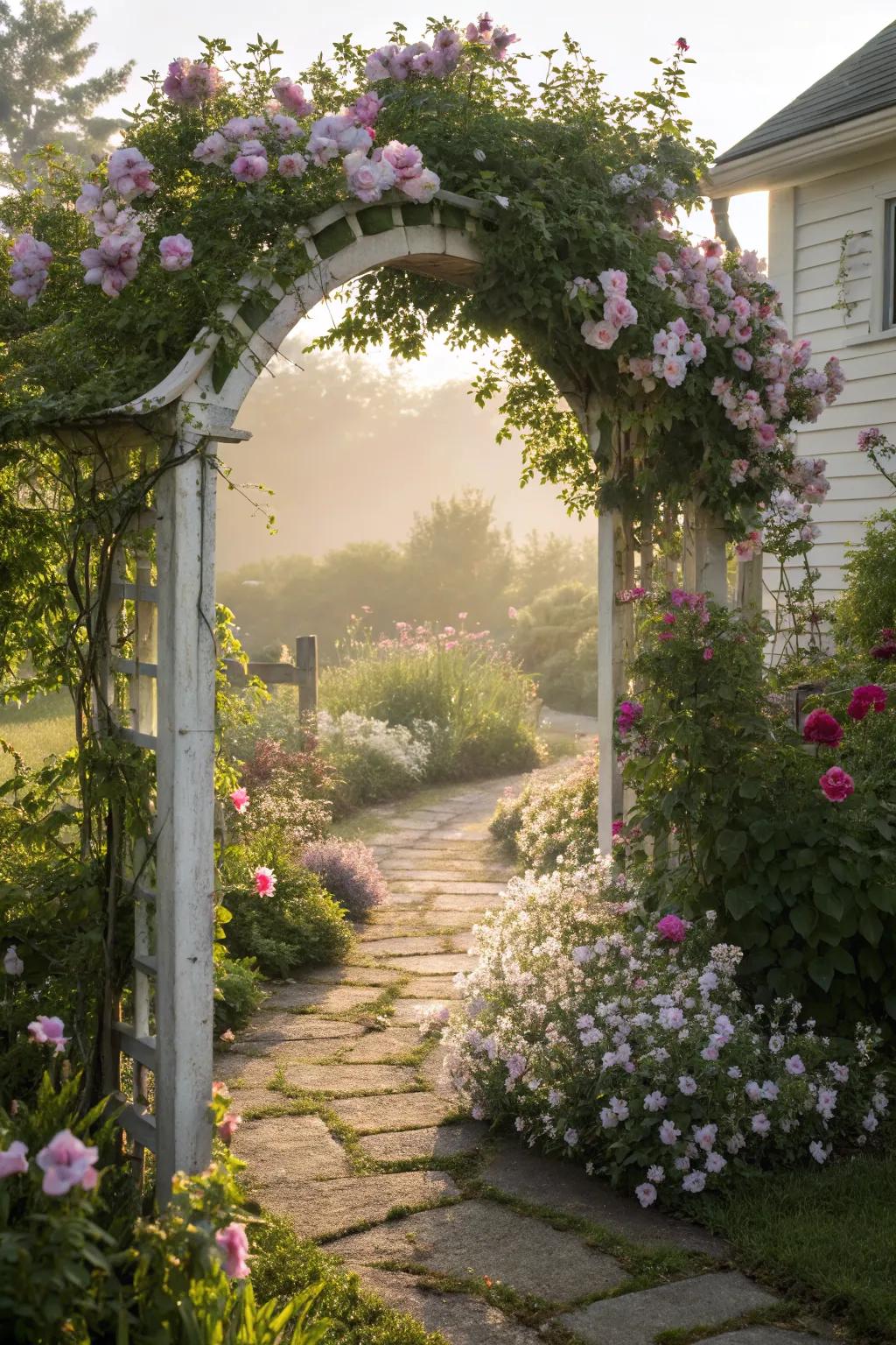 A charming cottage arch with climbing plants.