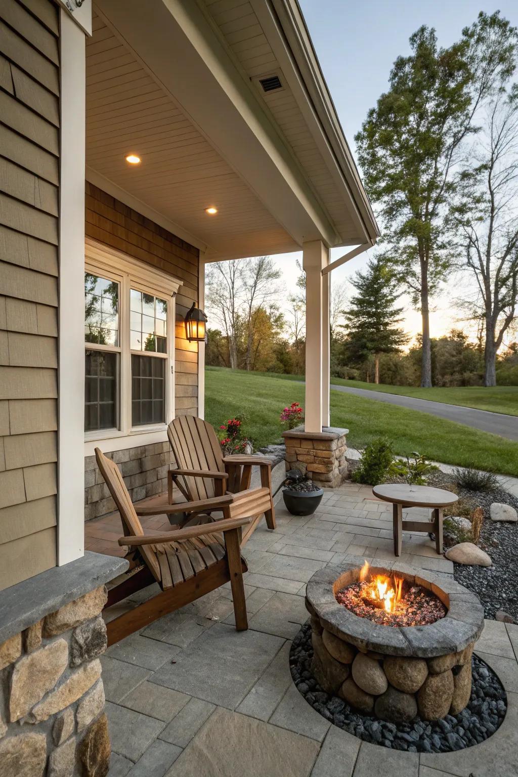 A fire feature that brings warmth and ambiance to the porch.
