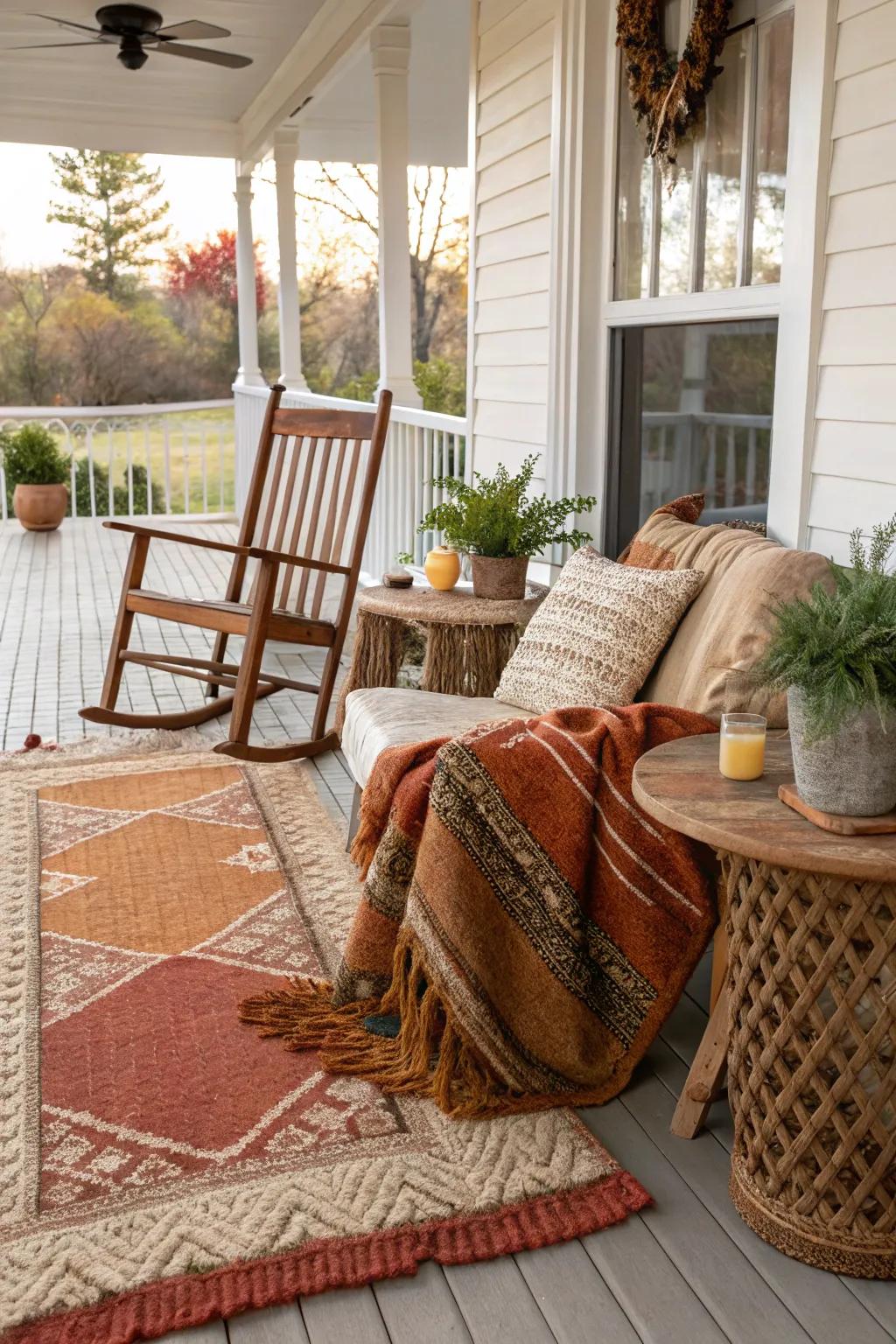 Layered textiles add warmth and texture to the porch.