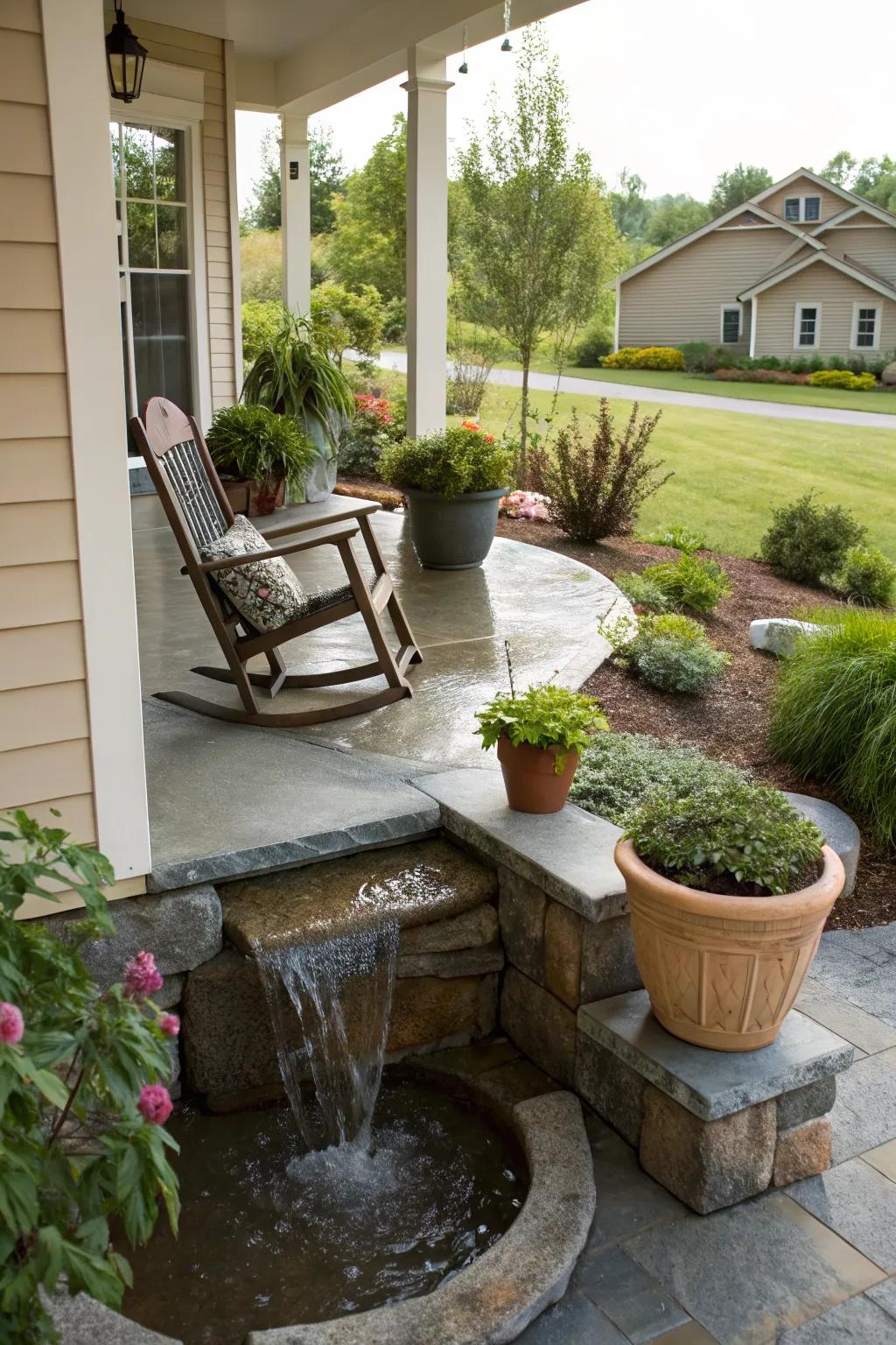 A water feature introduces a calming ambiance to your porch.