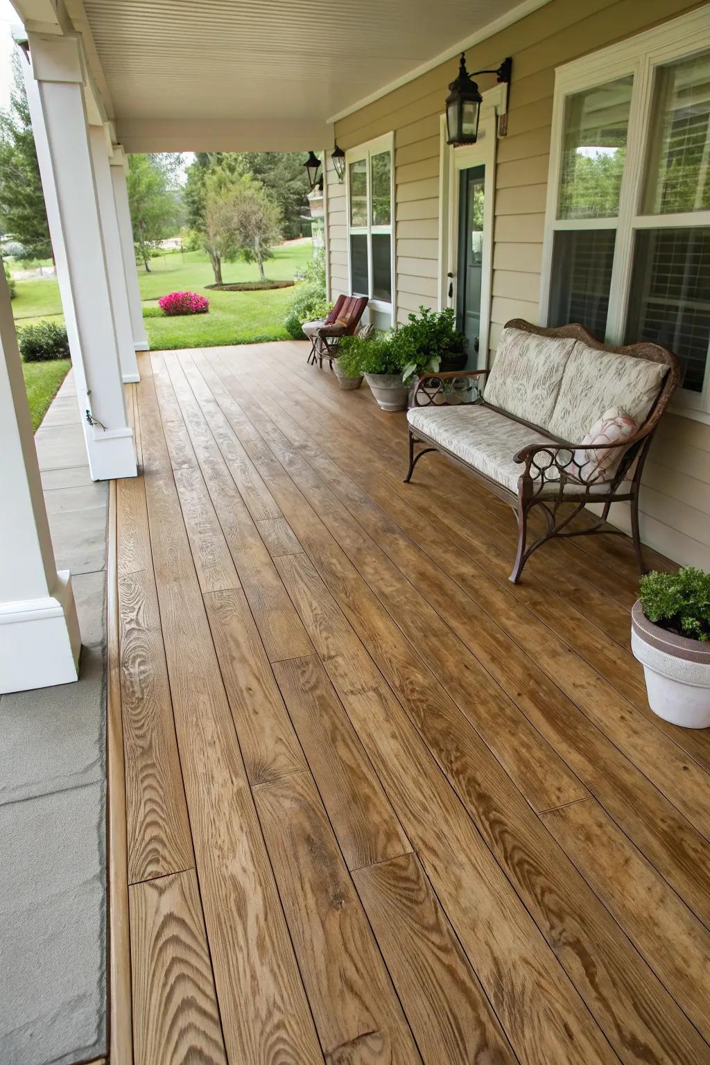 Wood-look epoxy offers warmth and easy maintenance.