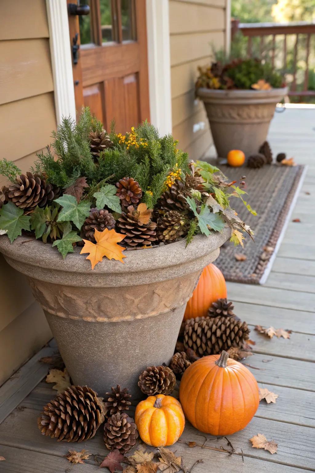 Pinecones and mini pumpkins create a woodland effect.