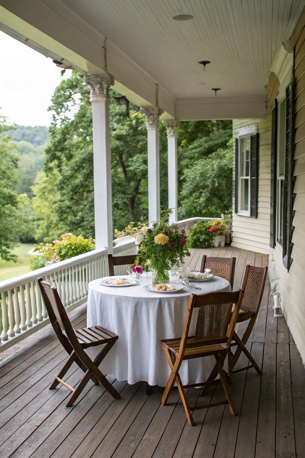 A dining area on your porch offers a cozy spot for outdoor meals.