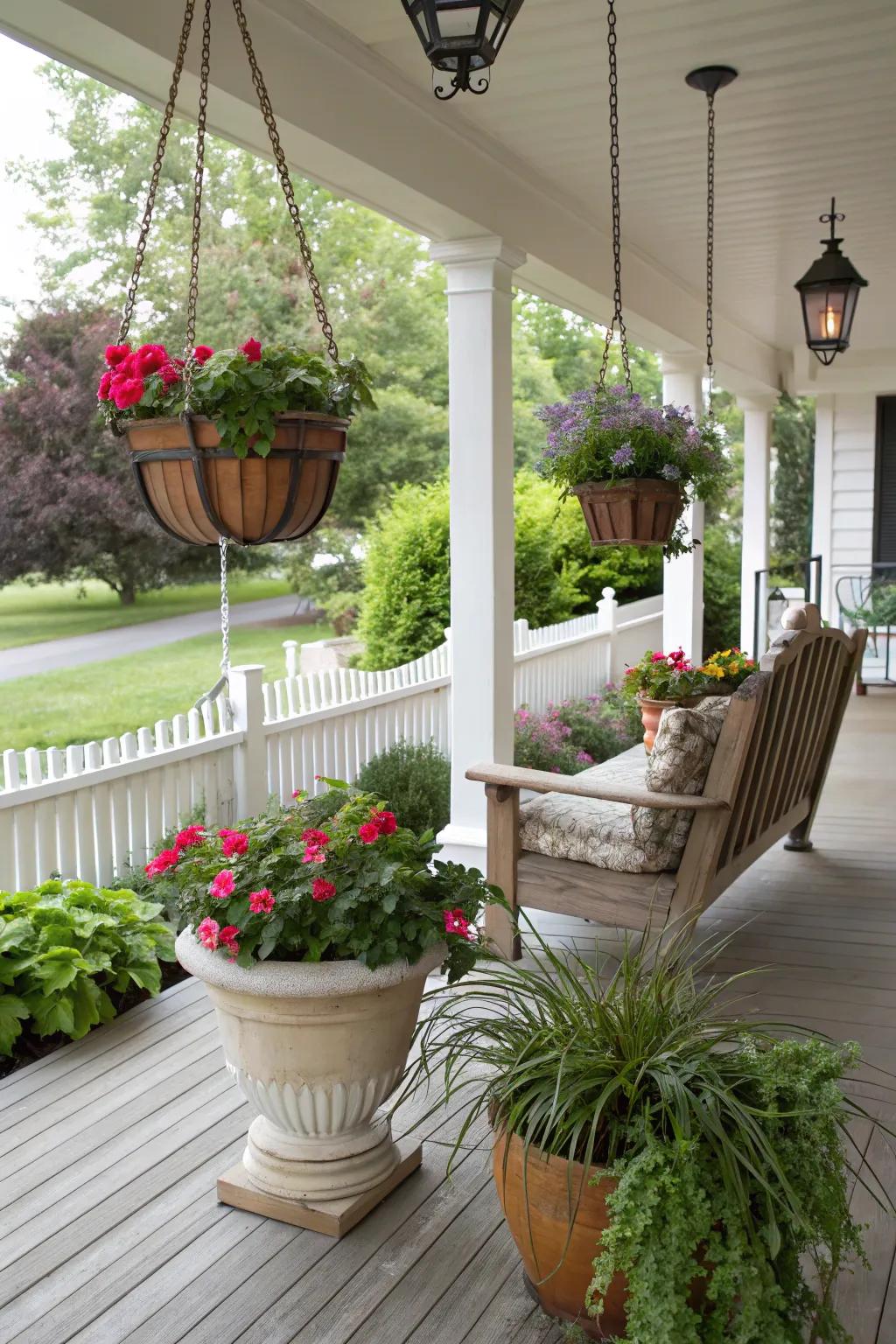 An eclectic mix of planters adding fun and interest to a front porch.