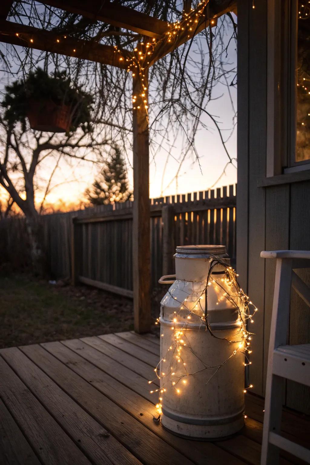 Fairy lights create a magical glow around your milk can.
