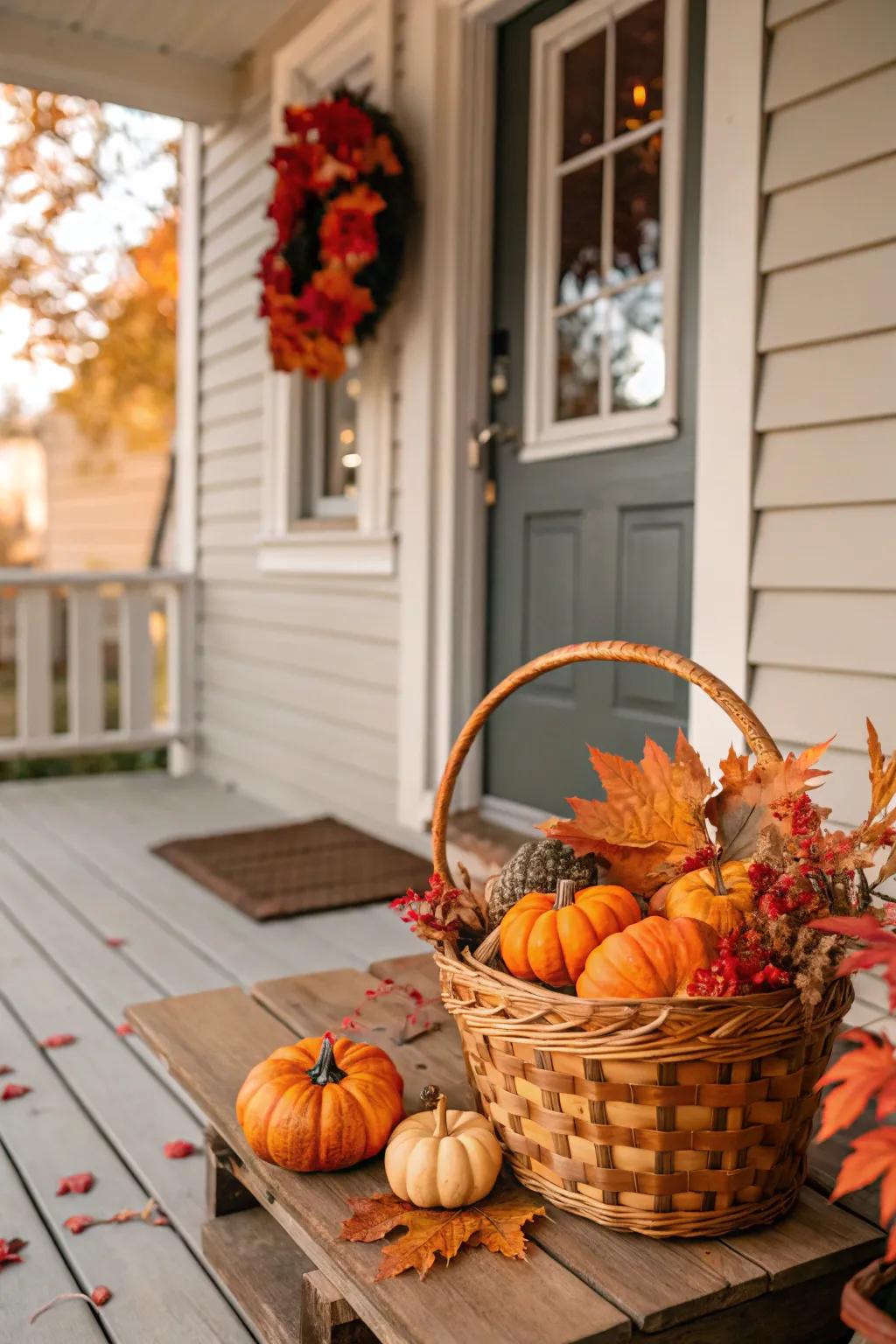 A basket filled with harvest items creates a stunning seasonal display.