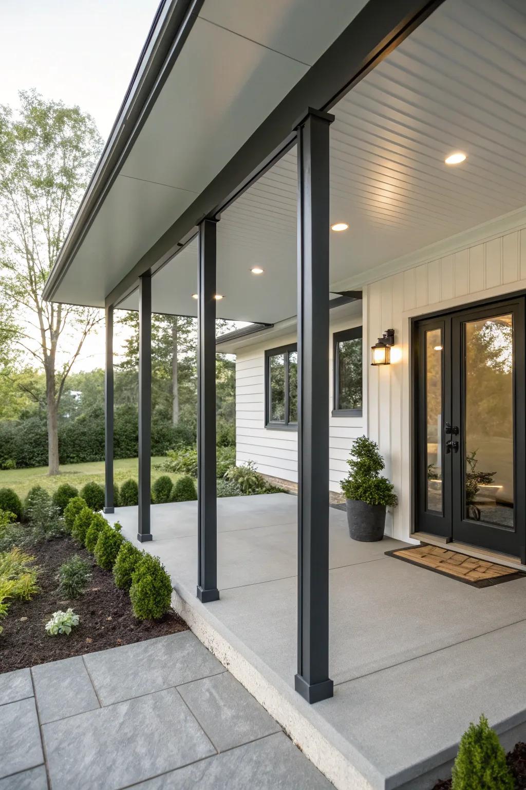 Slim steel posts contributing to a modern industrial porch design.