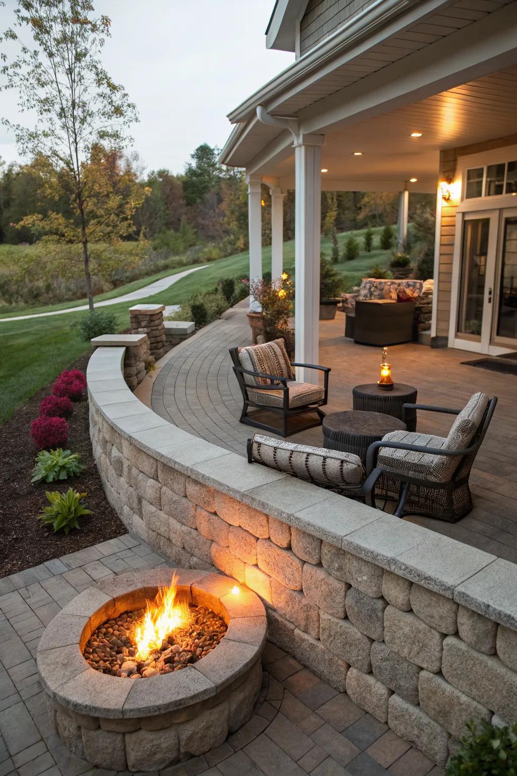 A fire pit adds warmth and ambiance to a retaining wall.
