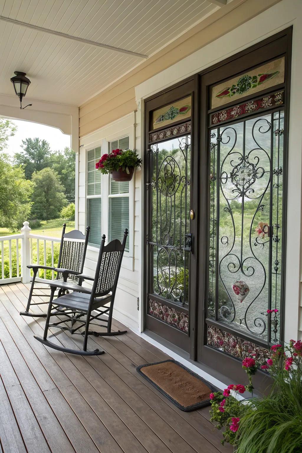A porch featuring a decorative screen door that adds flair and style.