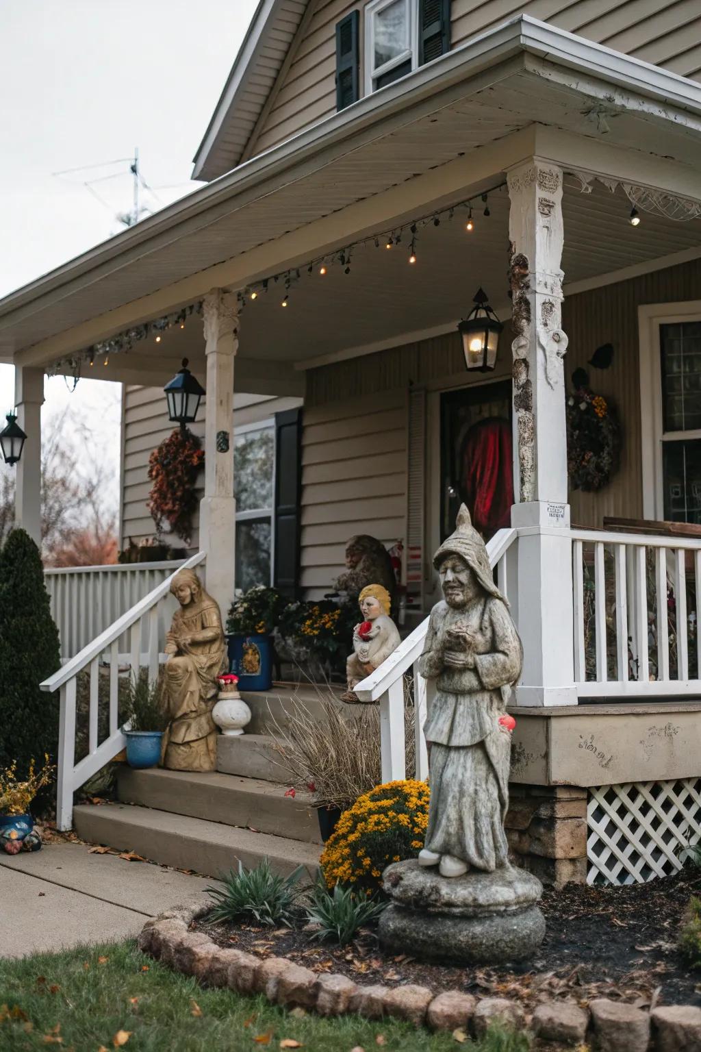 Themed groupings of statues tell captivating stories on your porch.
