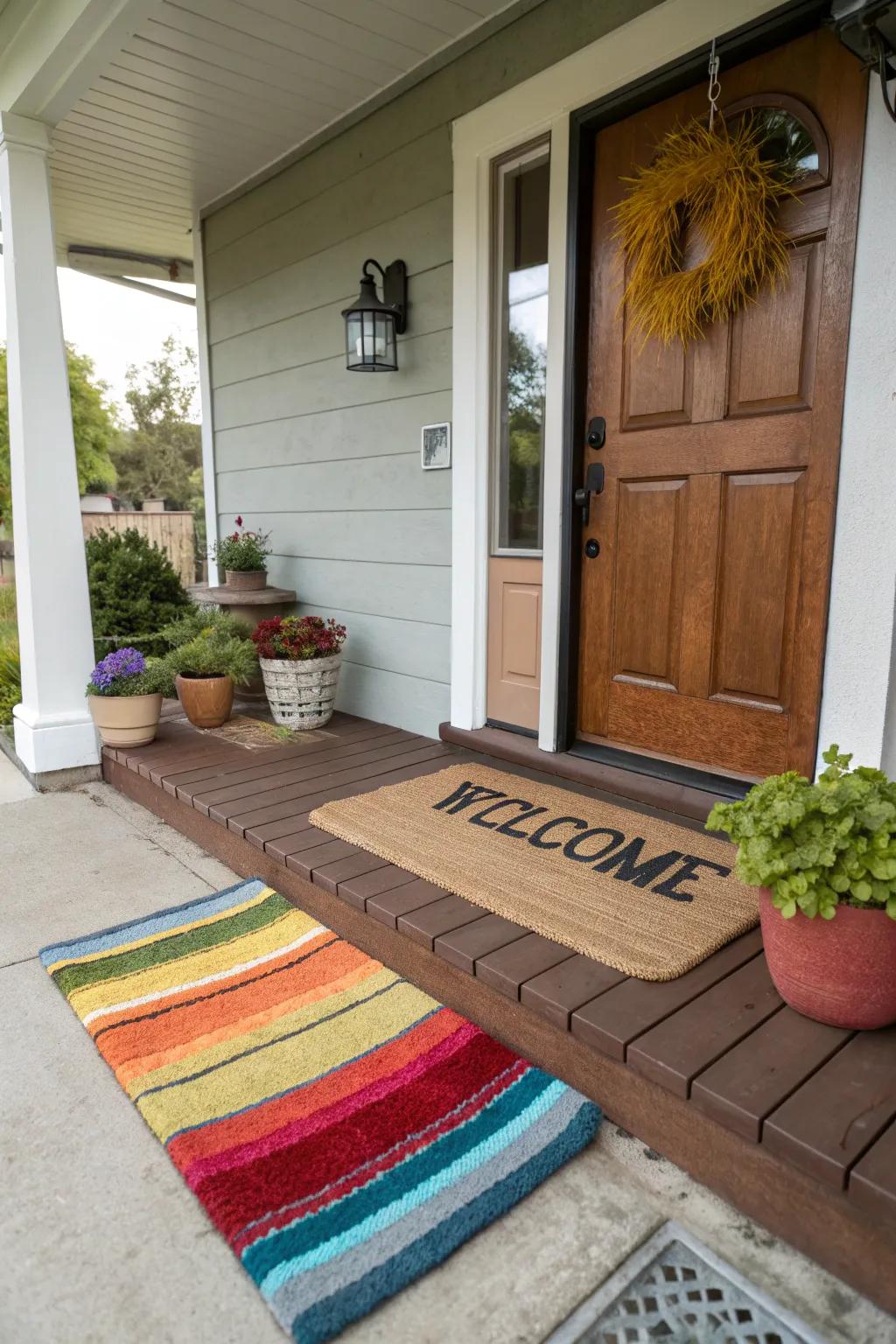 Layered rugs add warmth and style to your porch.