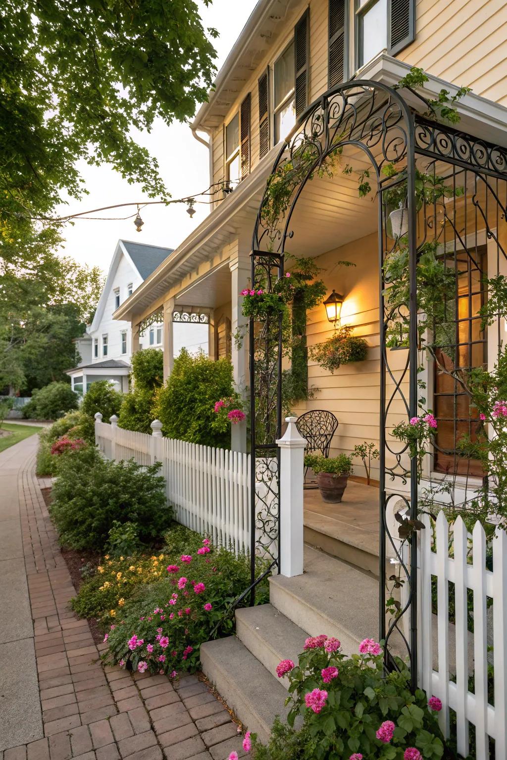 A sturdy and elegant wrought iron trellis enhancing the porch's aesthetic.