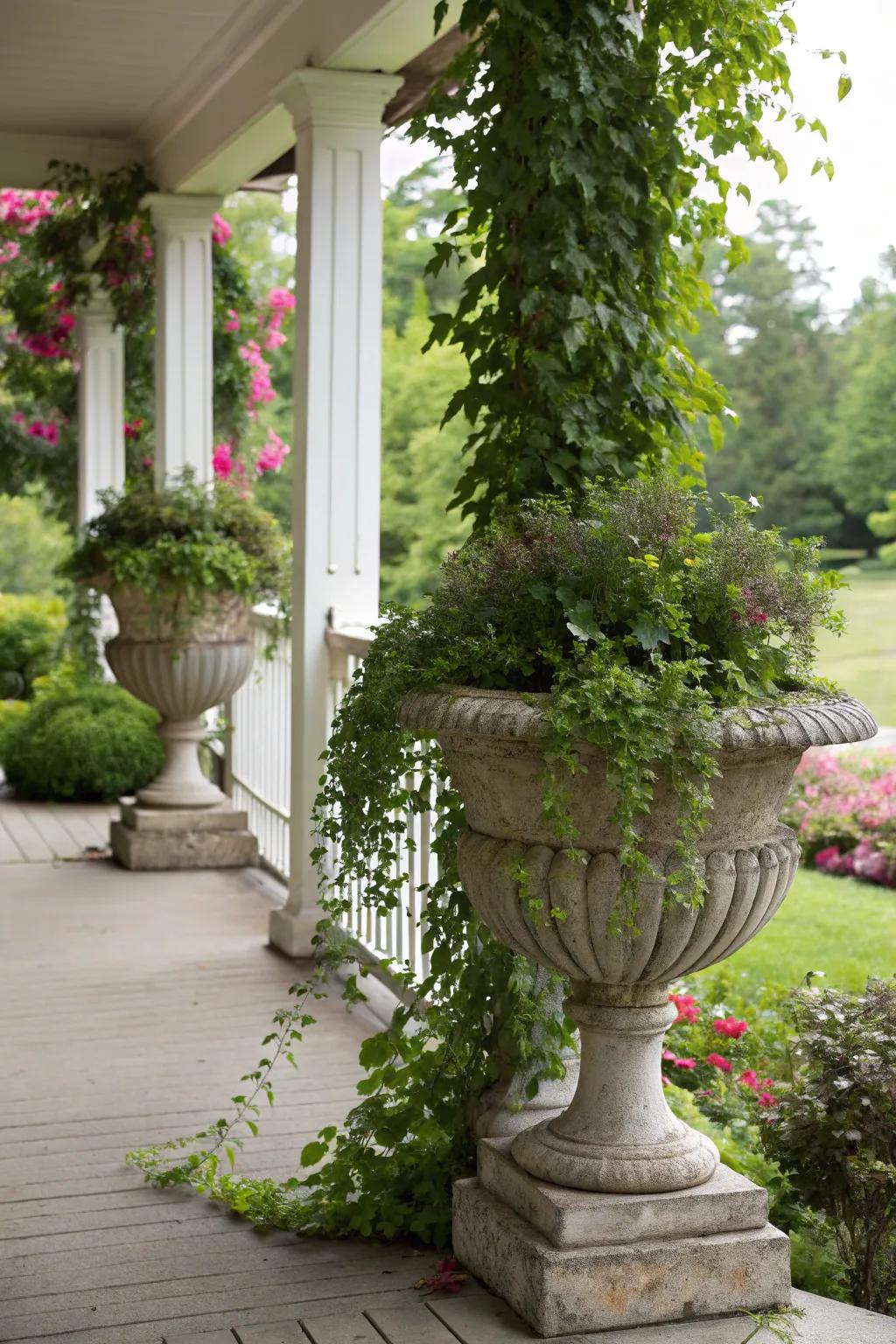 Add vertical interest with vine-clad urns.