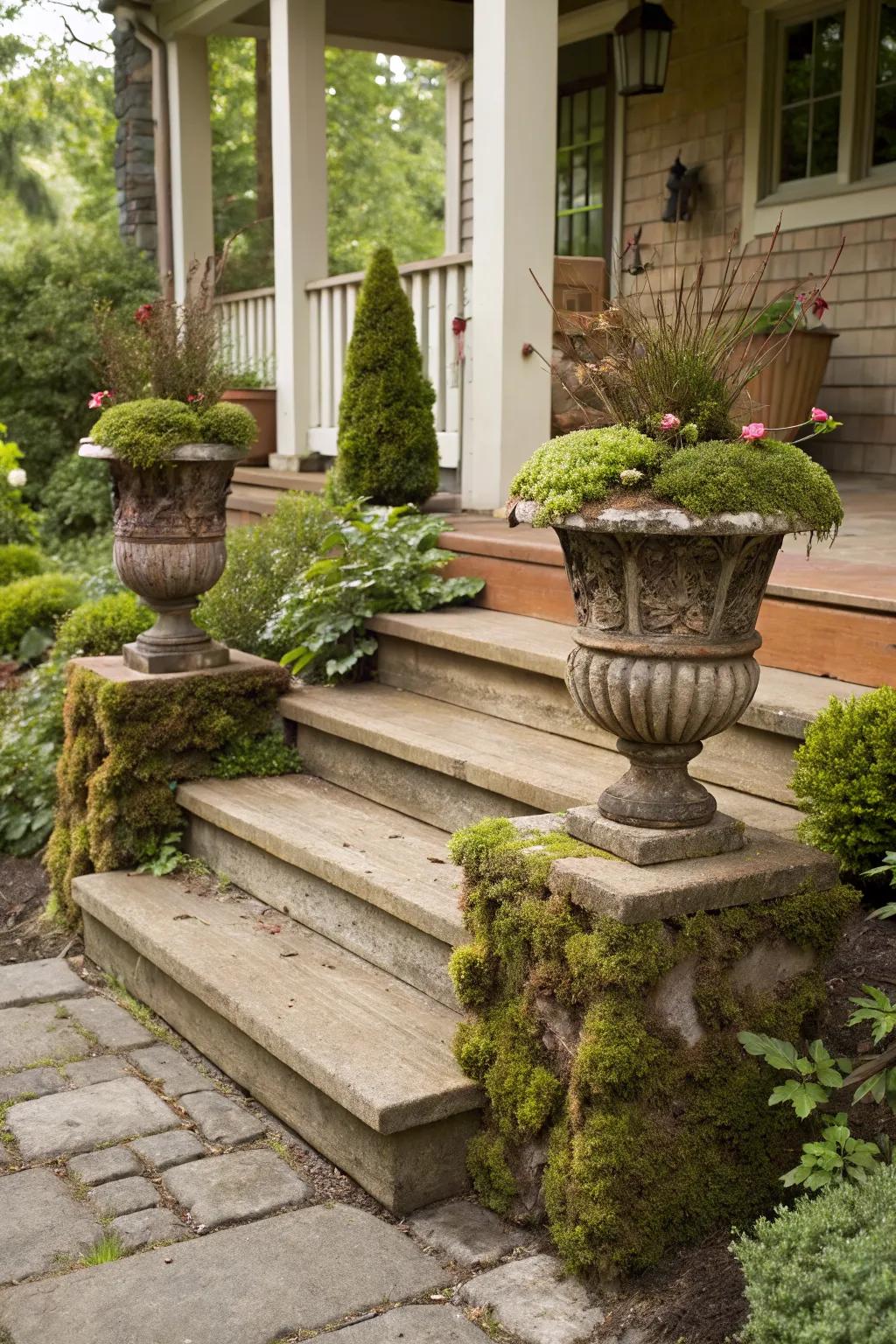 Moss and wood create a natural, textural surprise.
