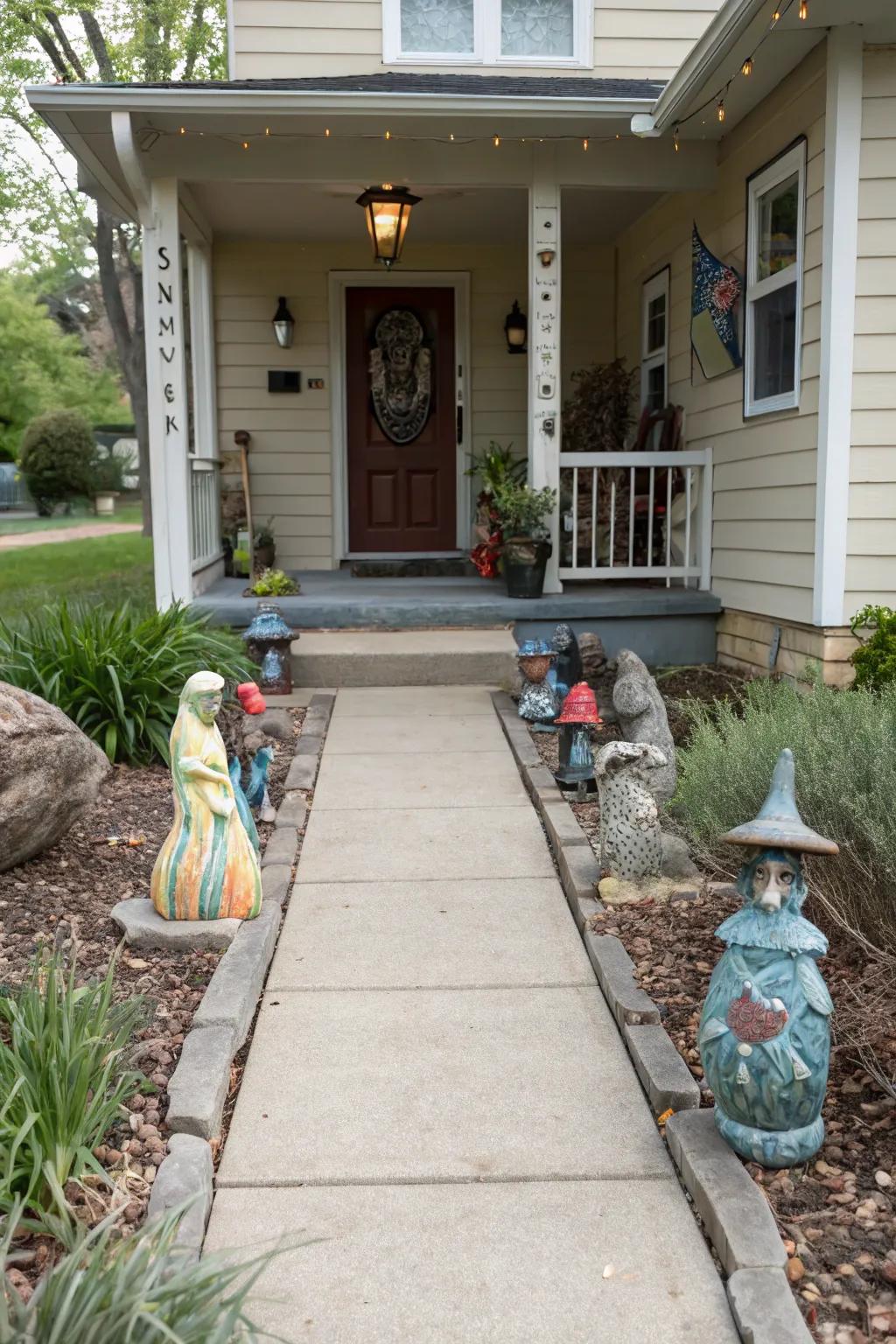 Art pieces adding a creative touch to the walkway.