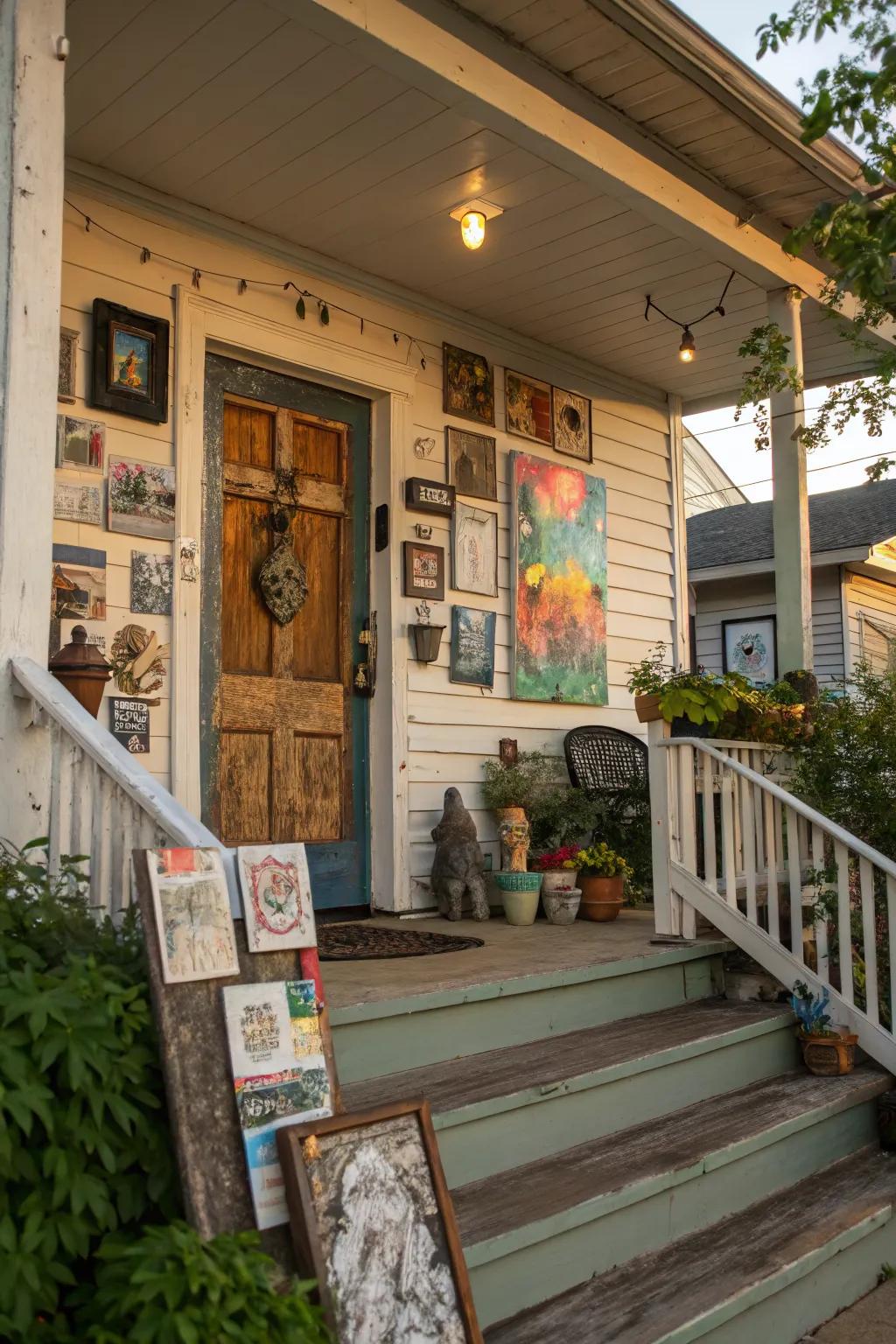Mixed media art brings eclectic vibes to the porch wall.