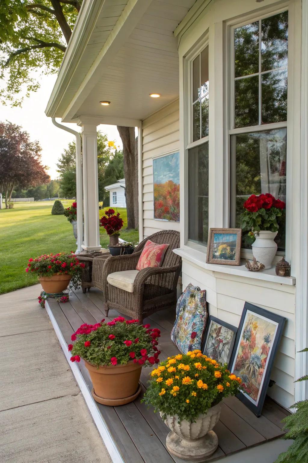 Outdoor art transforms this front porch with a bay window into a mini gallery.