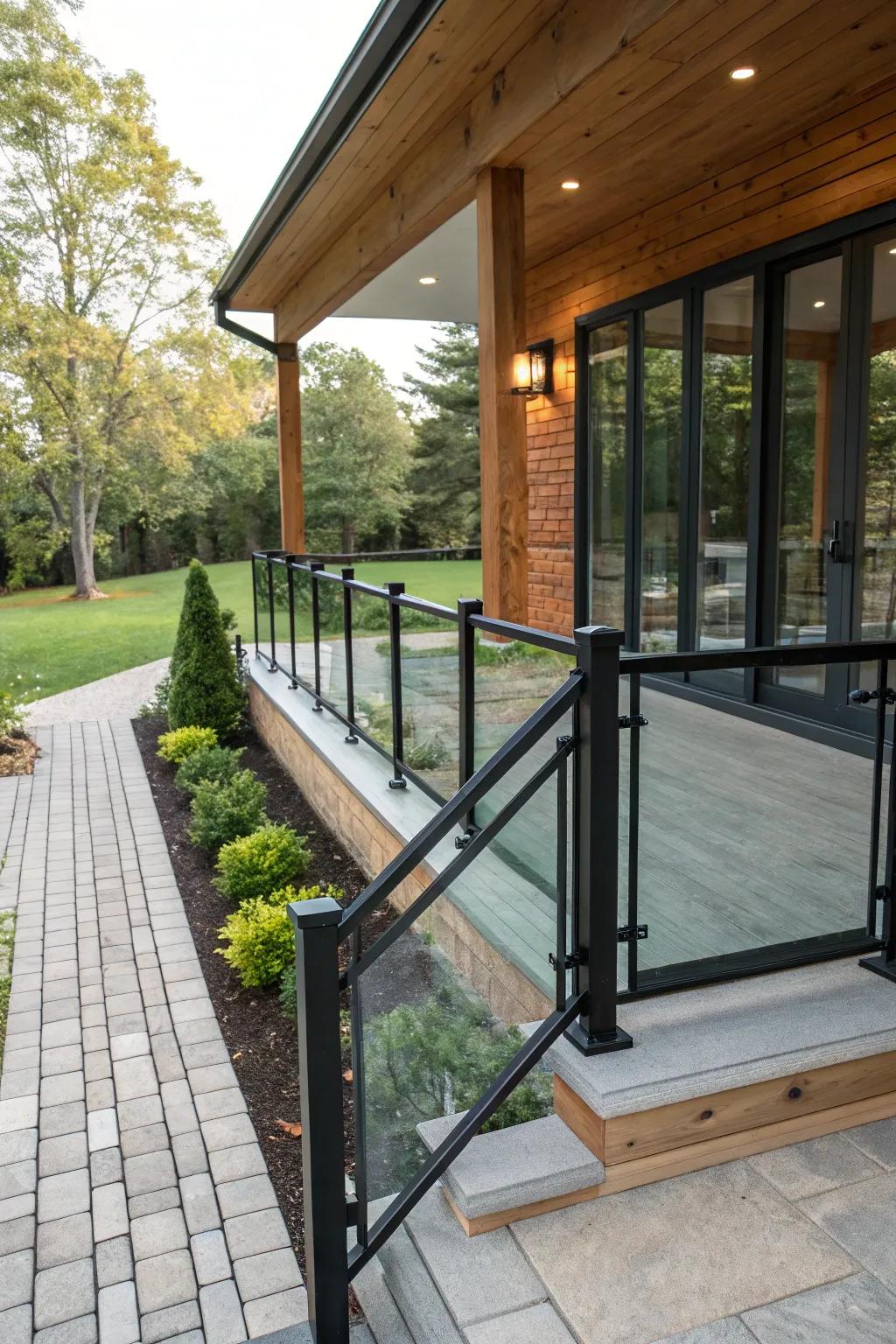Glass panels add a modern touch to black railings.