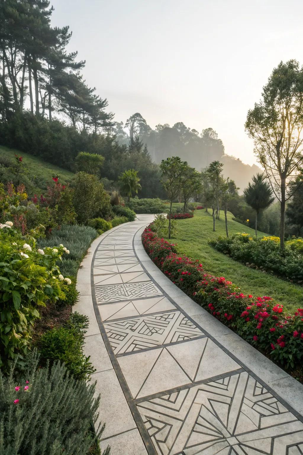 Modern elegance with geometric patterns on your concrete walkway.