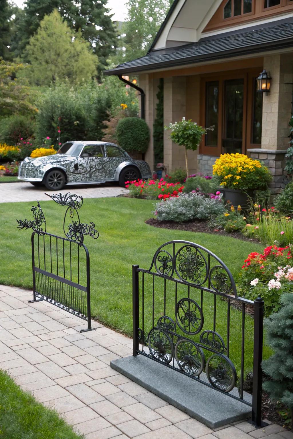 Metal sculptures provide an artistic and functional car barrier.