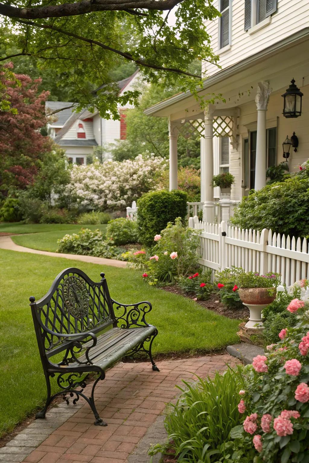 A cast iron bench offers vintage charm and enduring style.