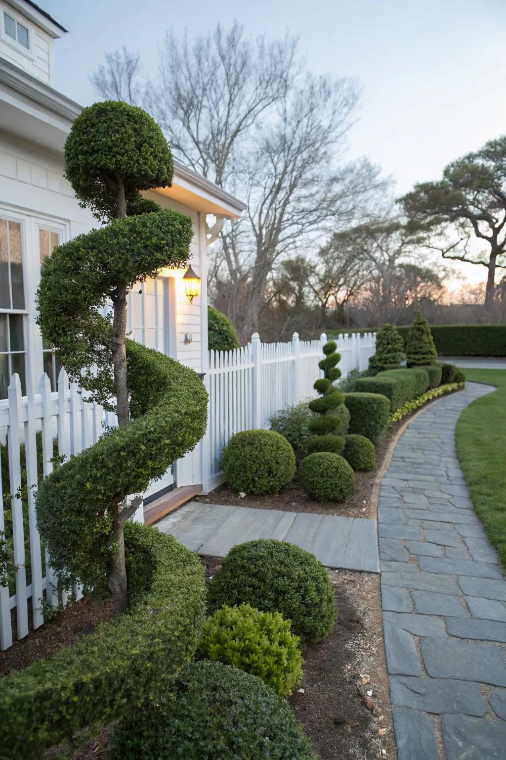 Spiral boxwoods add a whimsical touch.