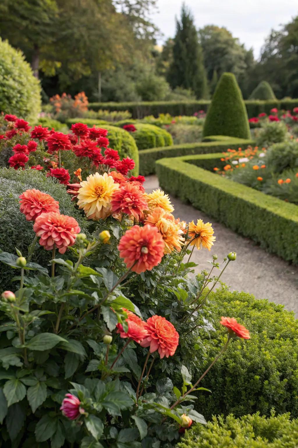 Create dynamic contrast with boxwoods and colorful plants.