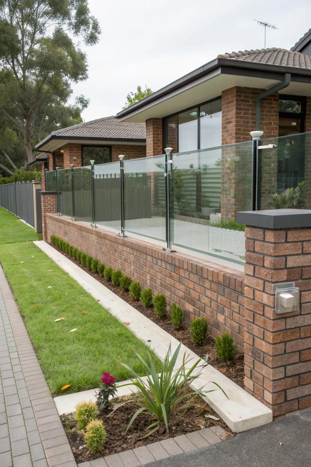 Combine brick and glass for a sleek, modern fence.