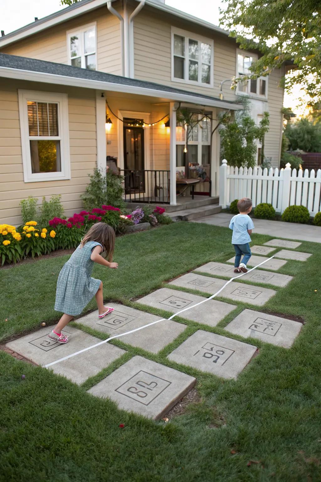 Interactive concrete elements add a playful touch to this yard.