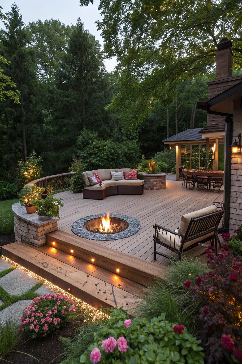 A cozy front yard deck featuring a central fire pit.