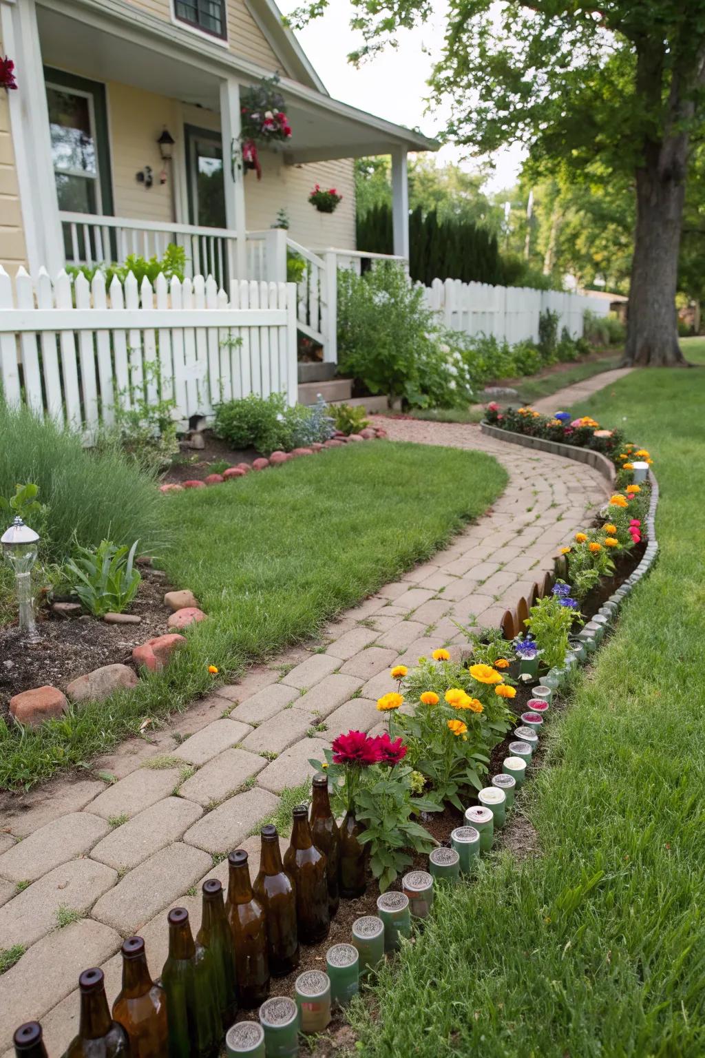 Recycled materials can create unique and eco-friendly garden borders.