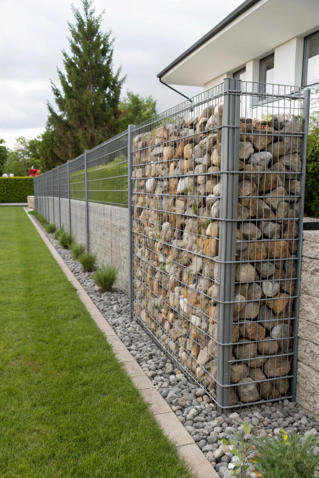 Modern texture with dynamic gabion walls.