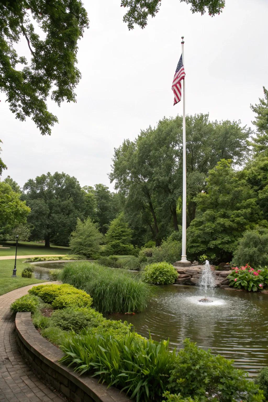 A water feature adds serenity to the flagpole setting.