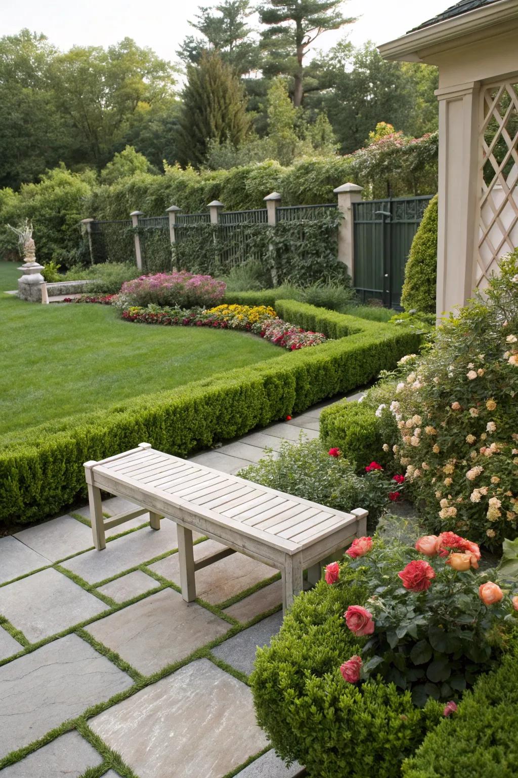 Enjoy a full garden view with a backless bench.