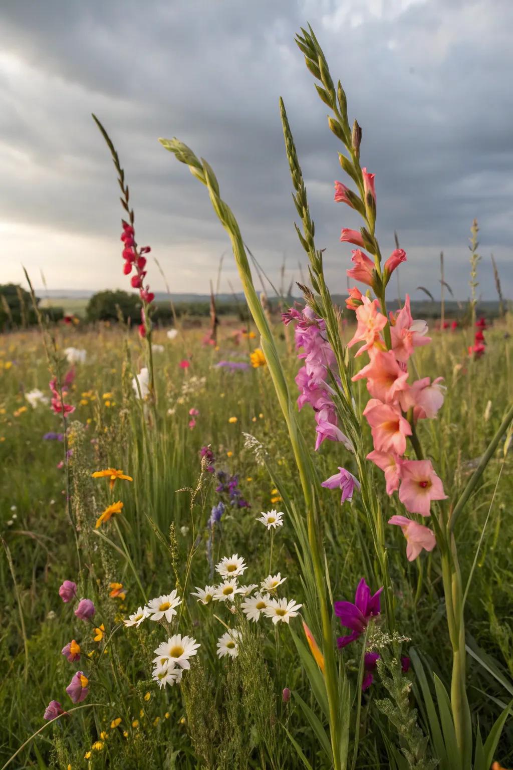 Gladiolus flowers blend into a wildflower meadow for a whimsical garden scene.