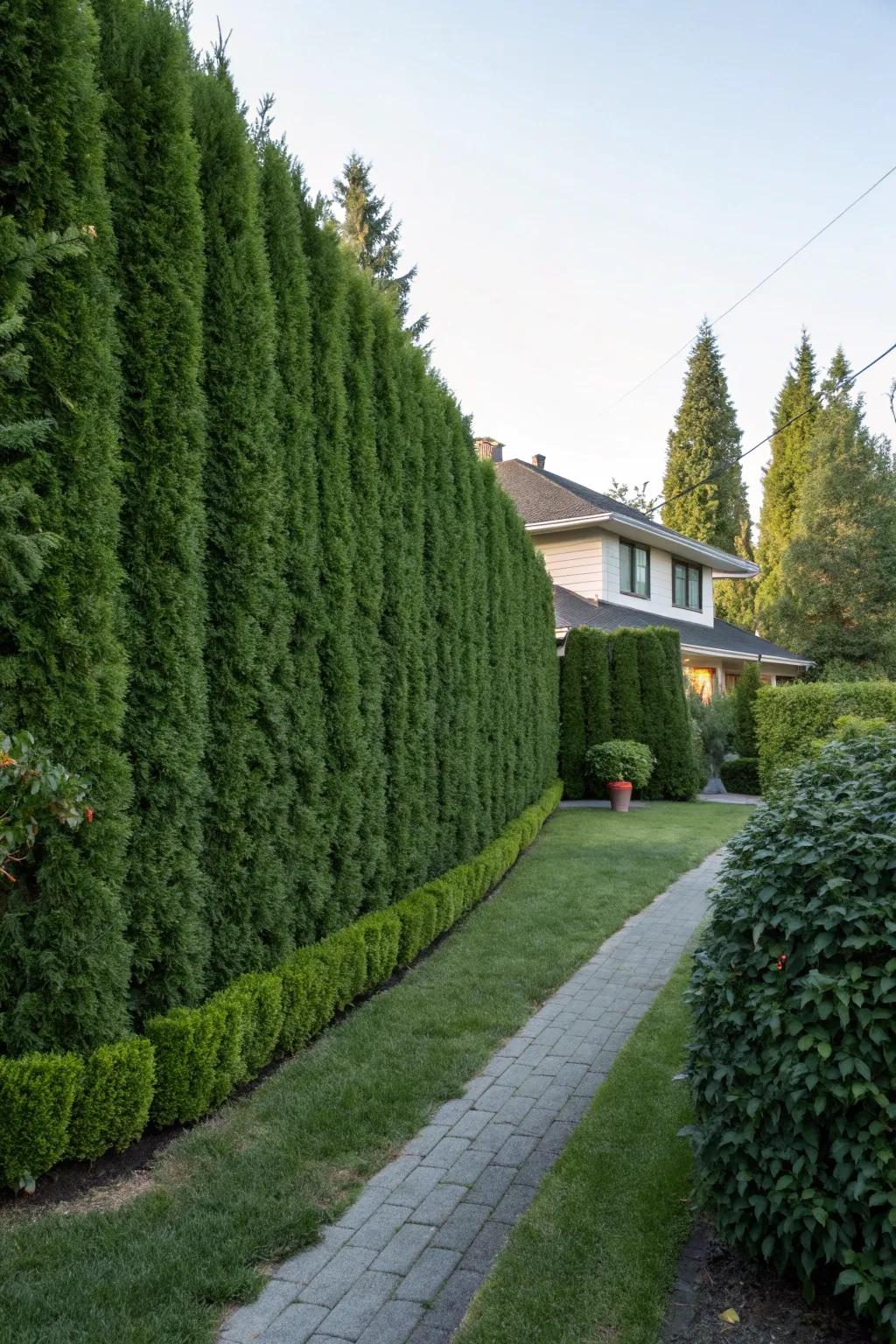 Evergreen hedges create a natural privacy barrier with year-round coverage.