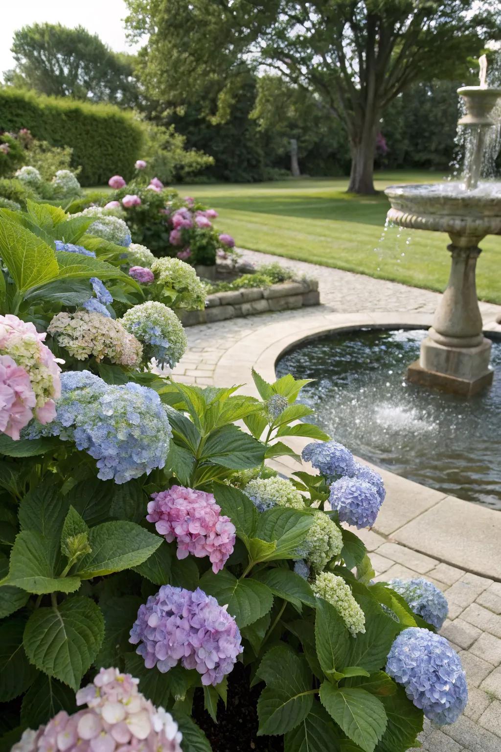 Create tranquility with hydrangeas and water.