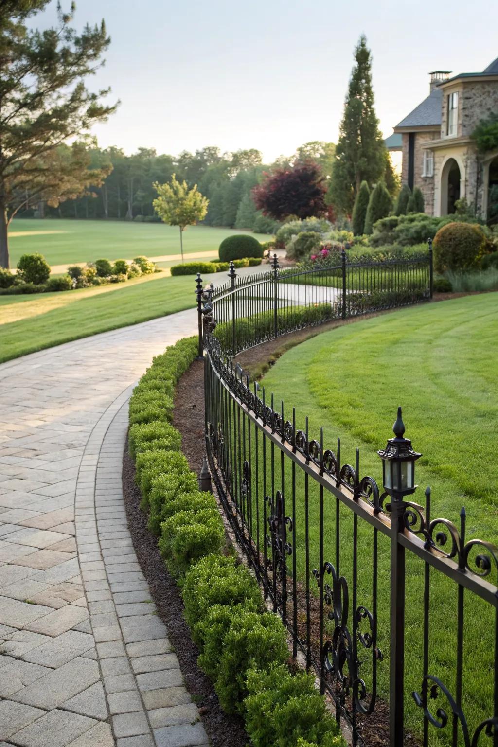 Curved iron design adds elegance and flow to this front yard.