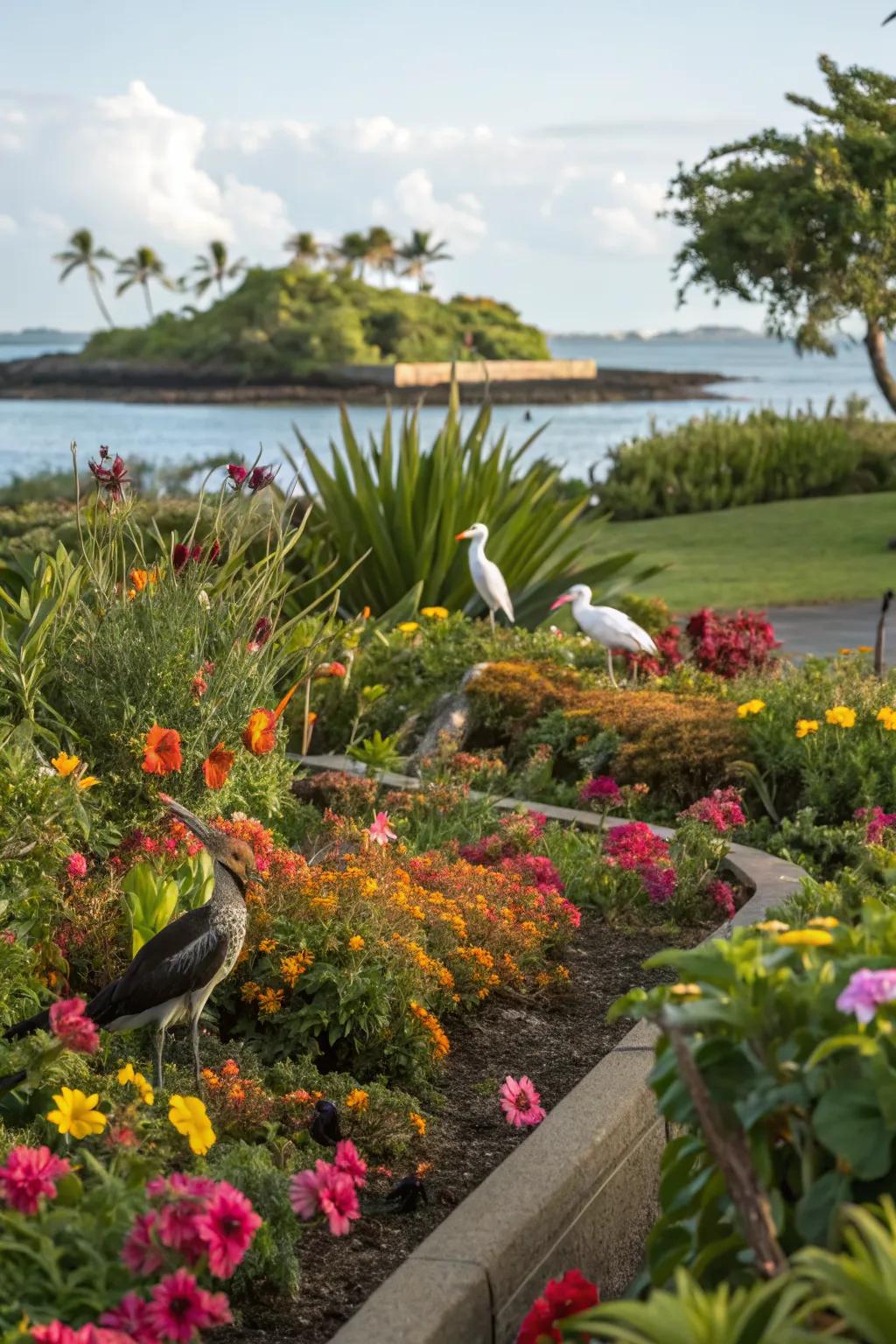 An island flower bed designed with bird-friendly plants attracting local wildlife.