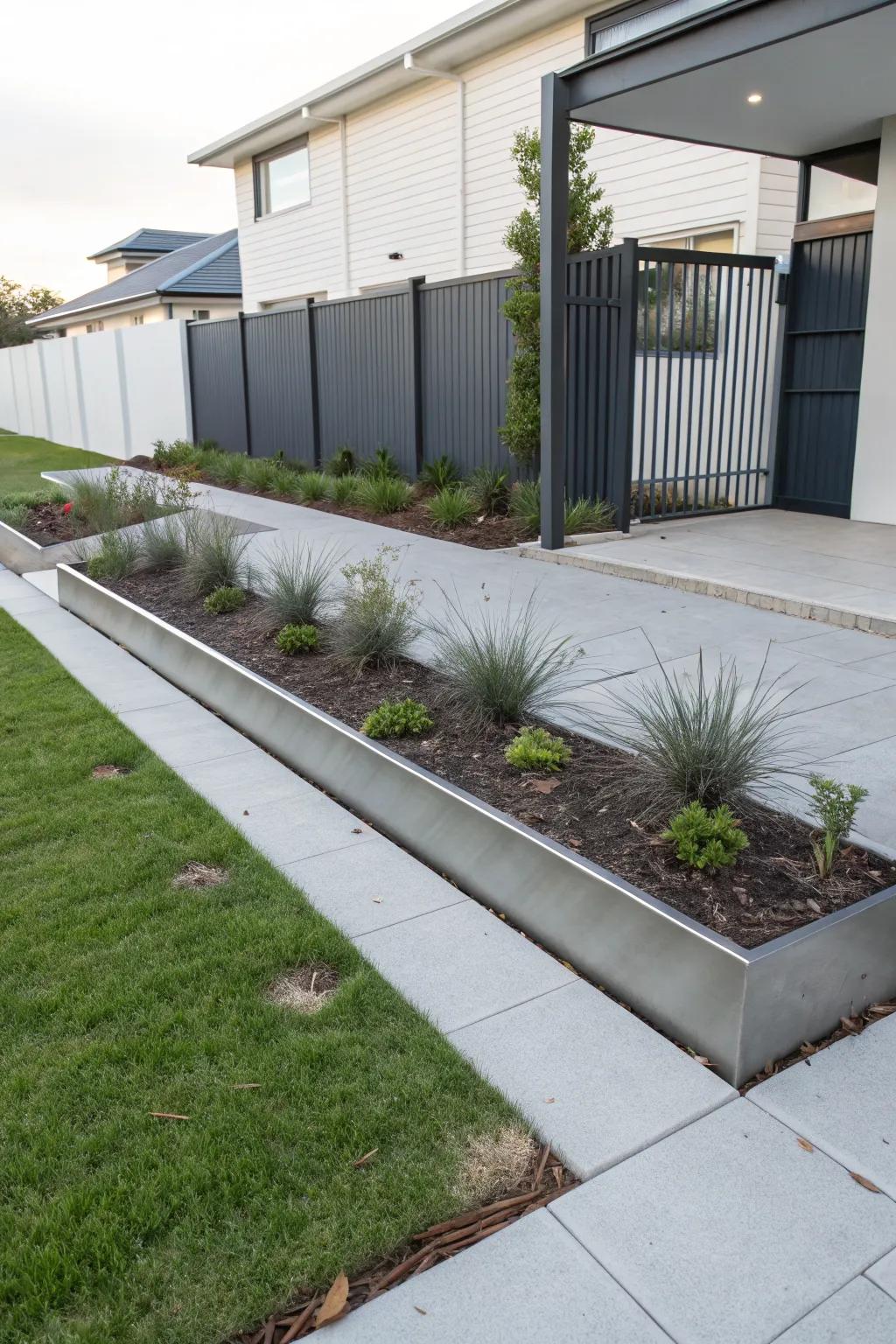 Metal edging offers a sleek and contemporary look for this front yard.