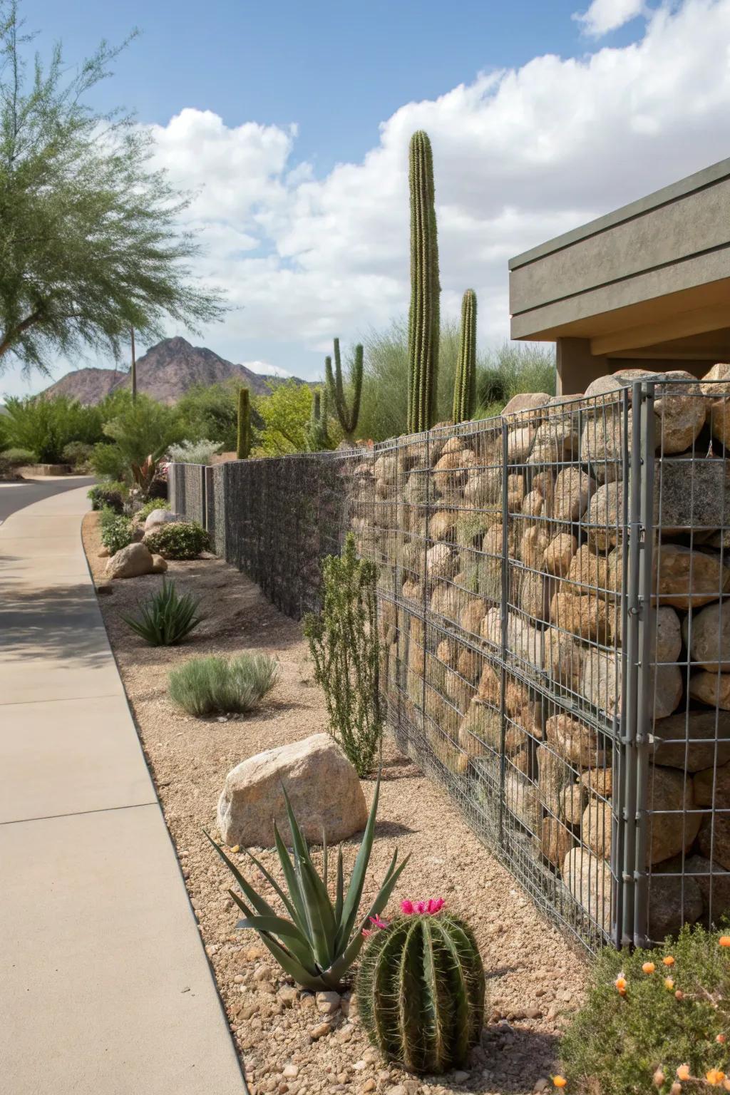Gabion walls add modern style and functionality.
