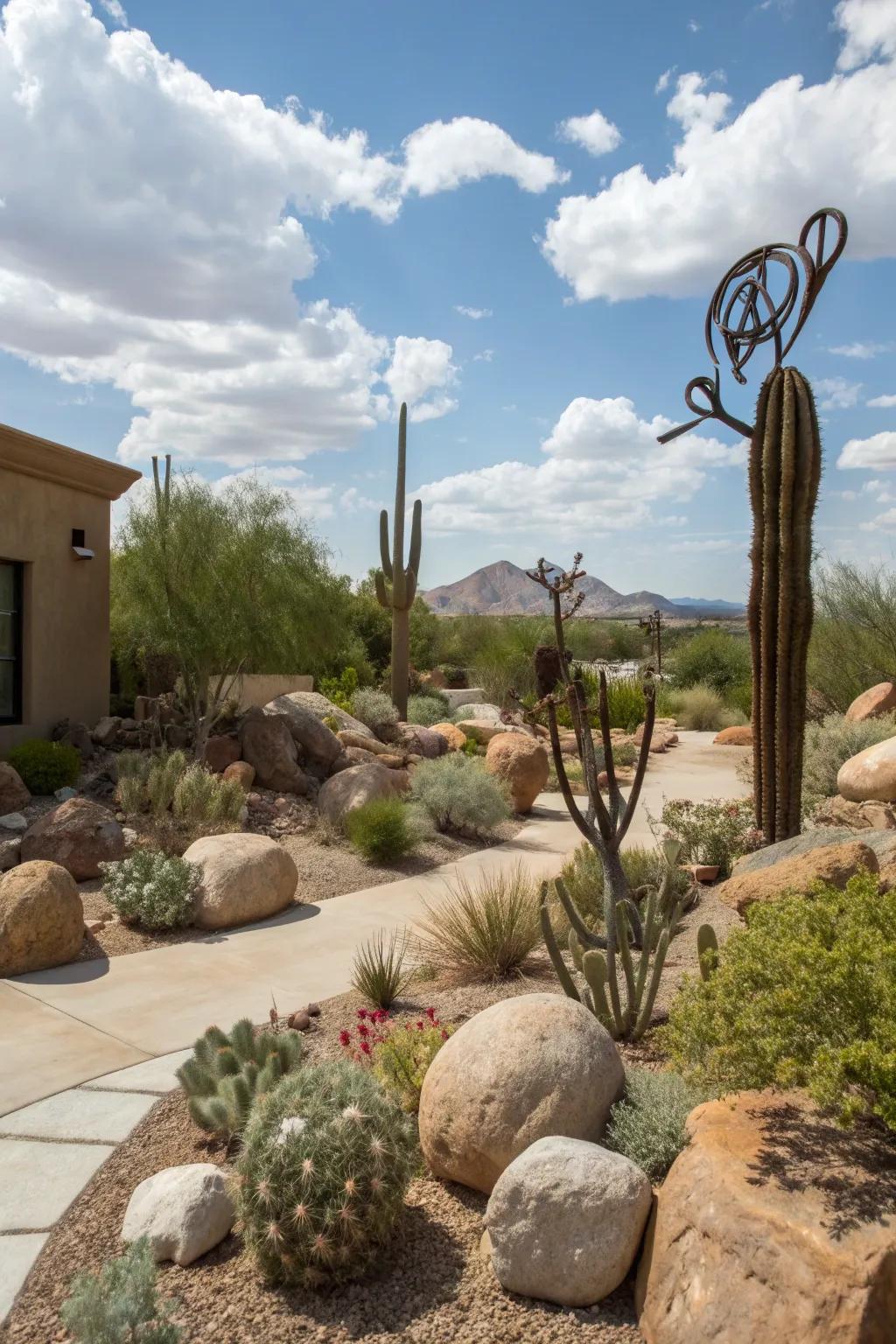 Sculptural elements add artistic flair to an Arizona front yard.