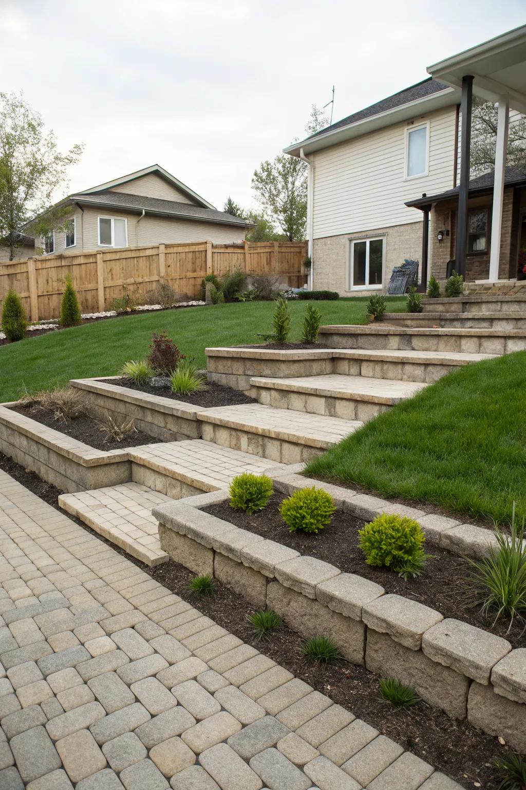 Create depth and interest with terraced paver designs.