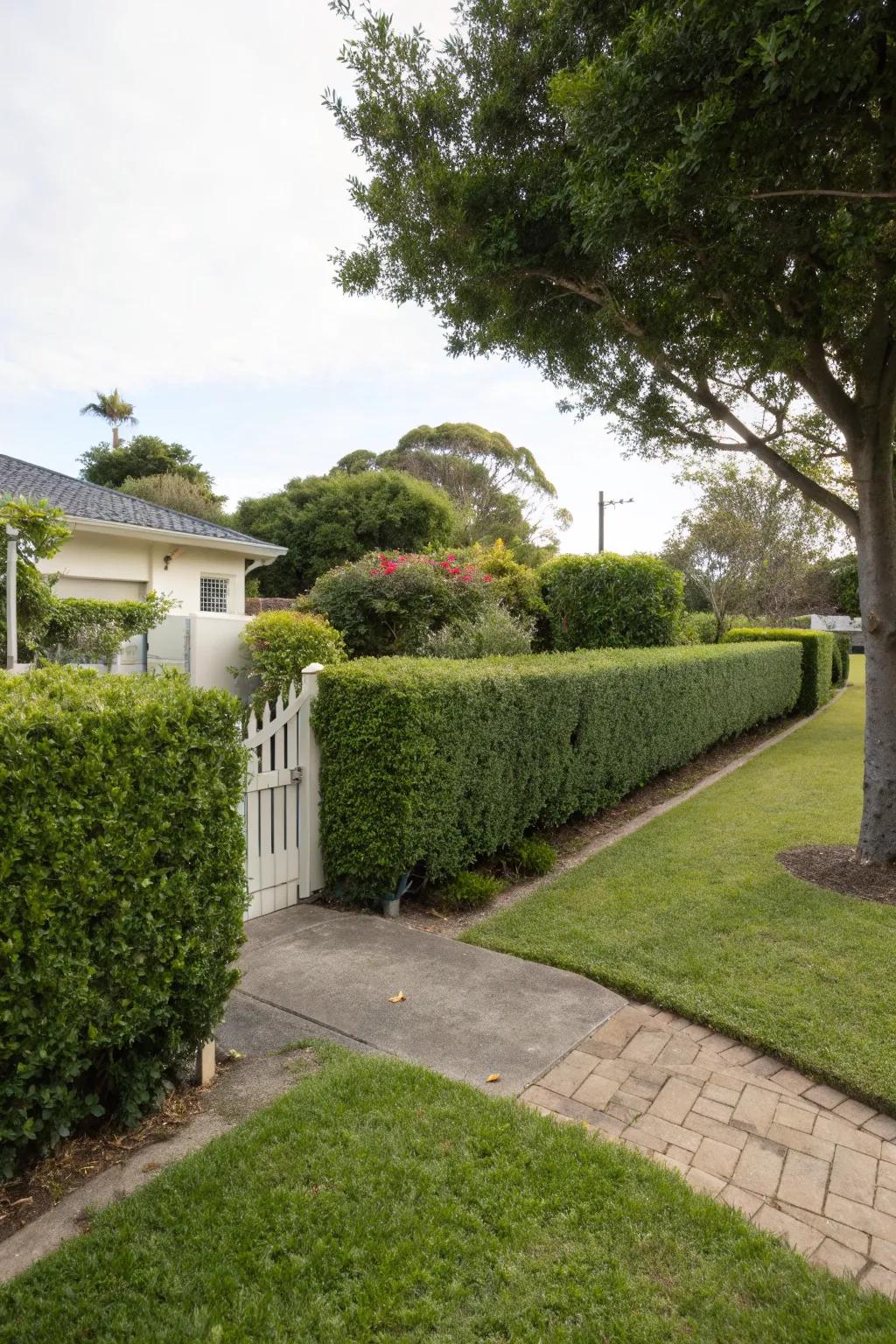 A lush living fence defining and enhancing a front yard.