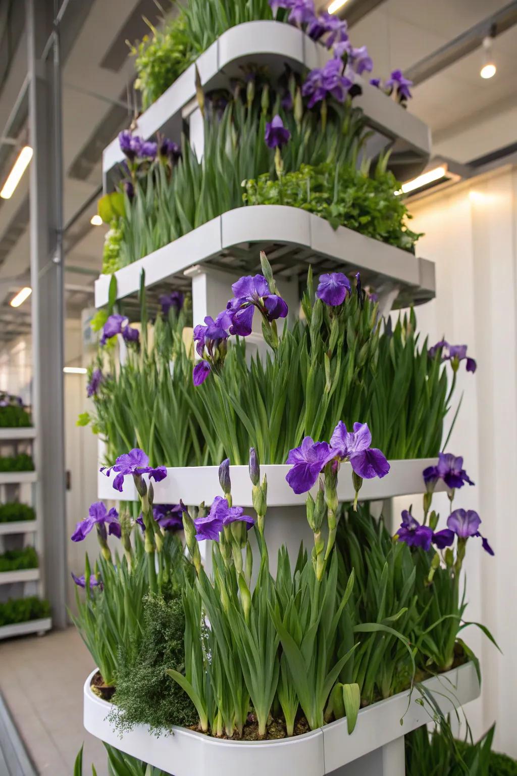 Irises creatively used in a vertical garden.