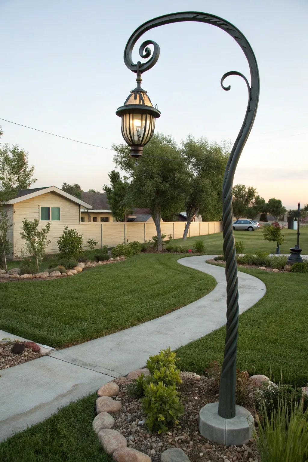 Curved light posts offer an artistic touch to your yard.