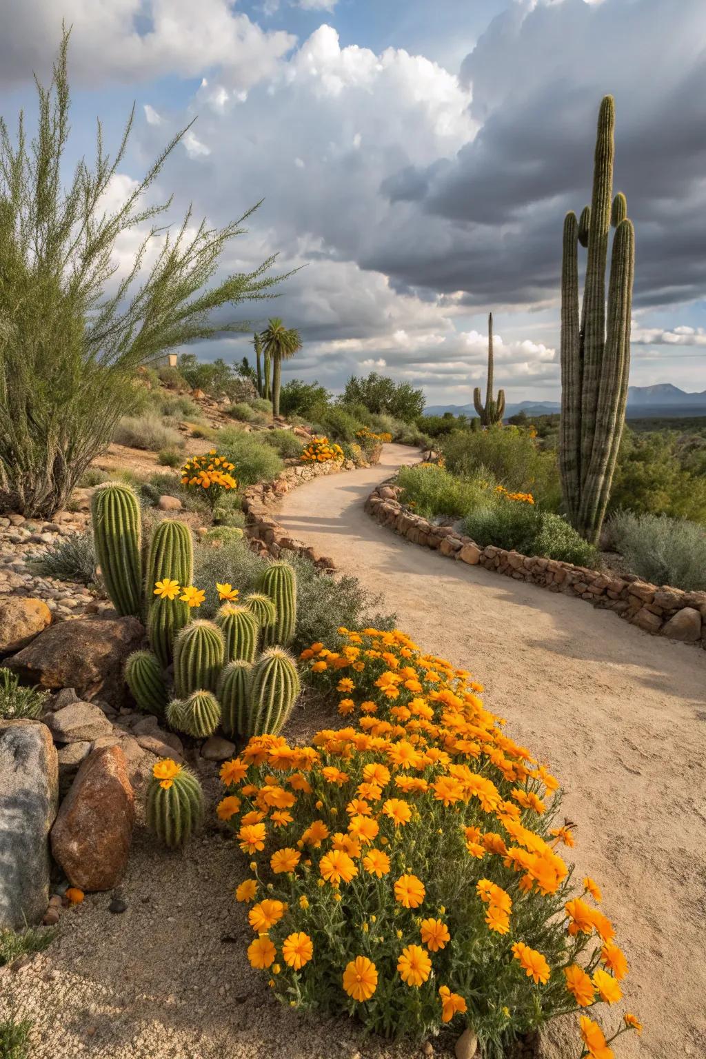 Marigolds and cacti create a strikingly unique garden display.