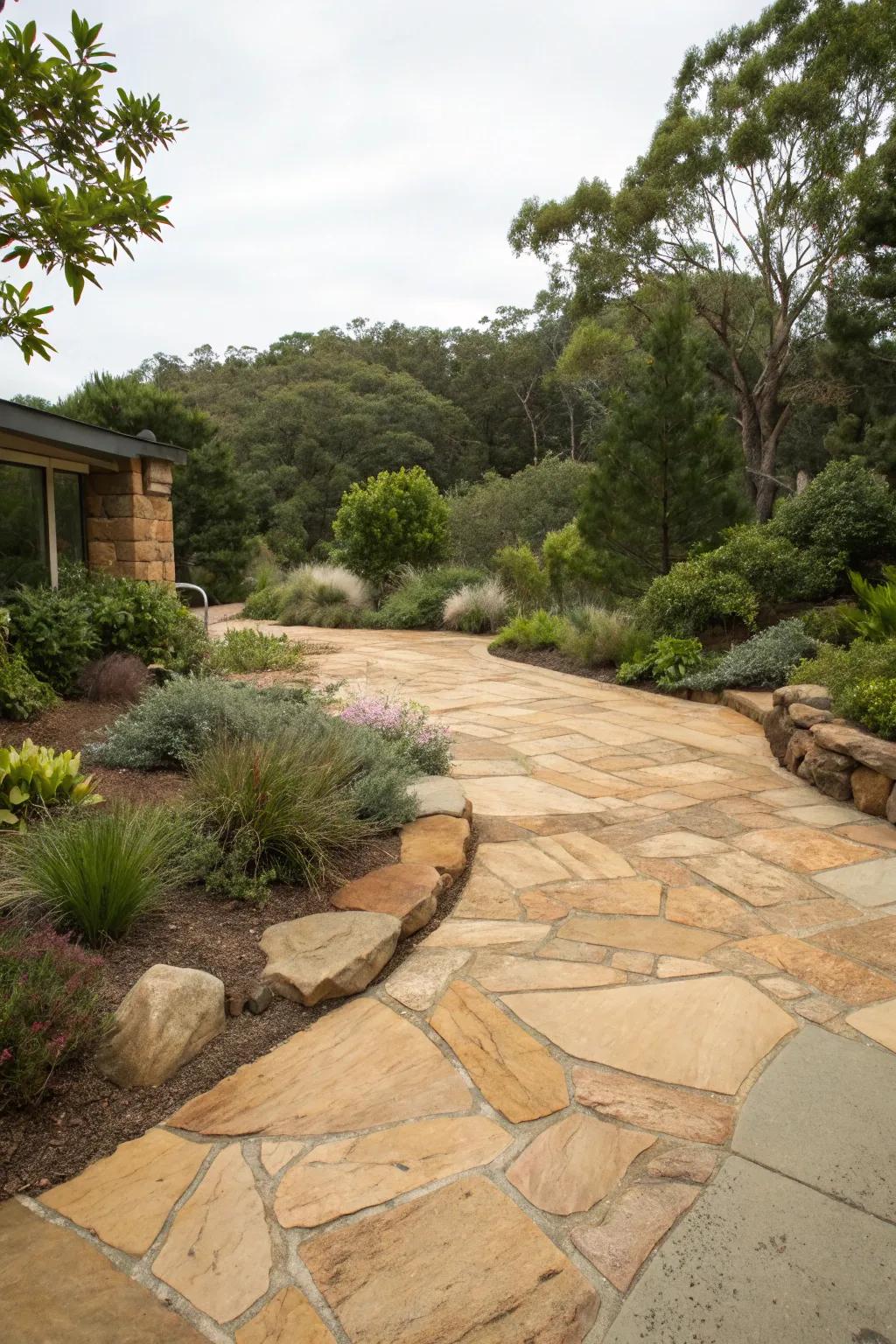 Sandstone parking pad offering warmth and earthy textures.