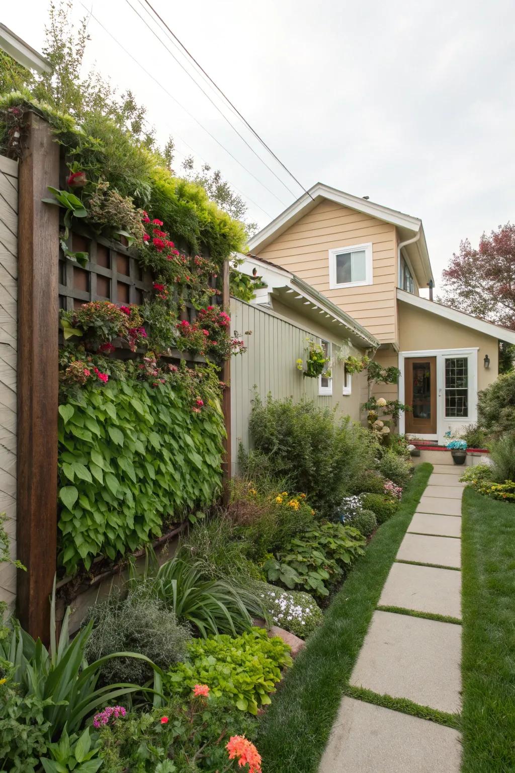 A front yard featuring a striking vertical garden on a fence.