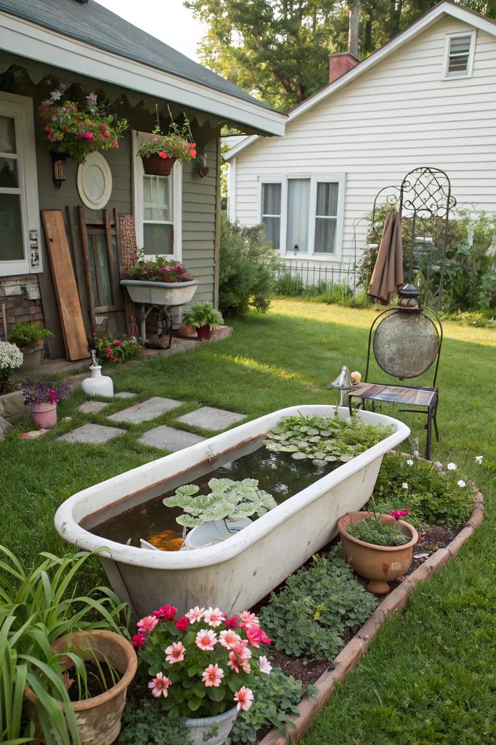 A bathtub pond adds vintage charm to a yard.